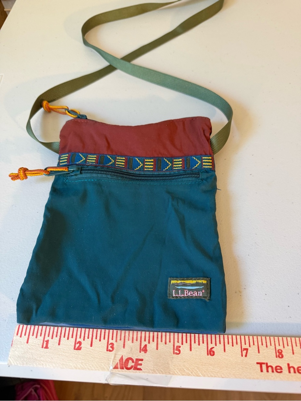 L.L. Bean Tribal 🔆 Teal and Burgundy Crossbody Pouch with Olive Strap
